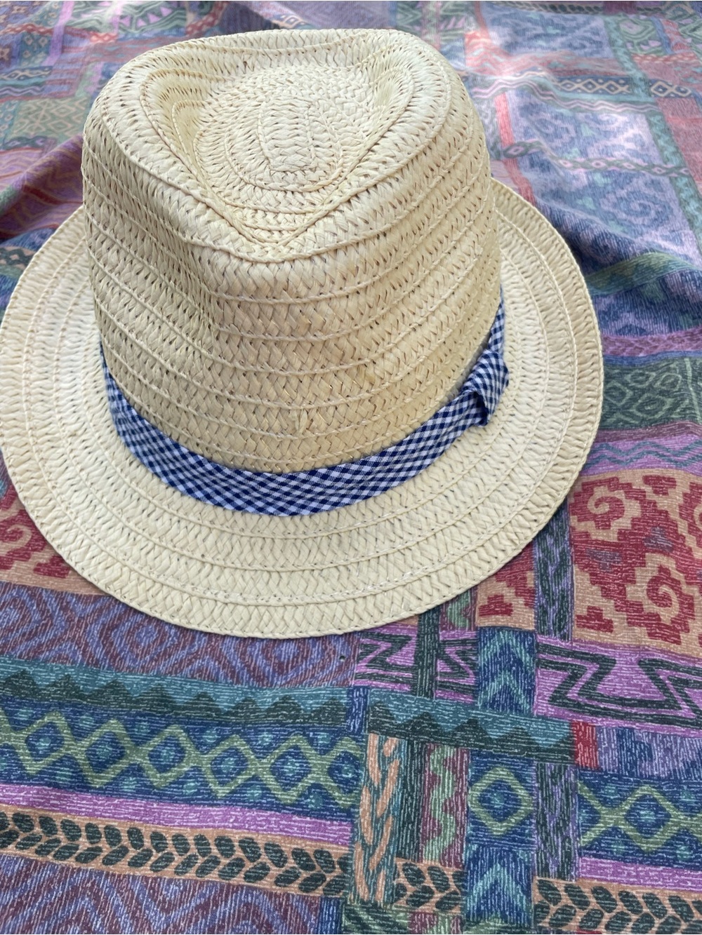 Women Straw Fedora with Blue Gingham Band